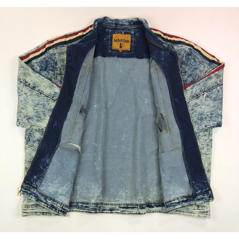 Makobi Mens 6XB Acid Wash Blue Denim Jean Track Jacket Distressed Faded Stripes - Picture 6 of 12